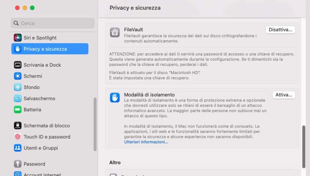 Gestione FileVault di Mac Gestione FileVault di Mac
