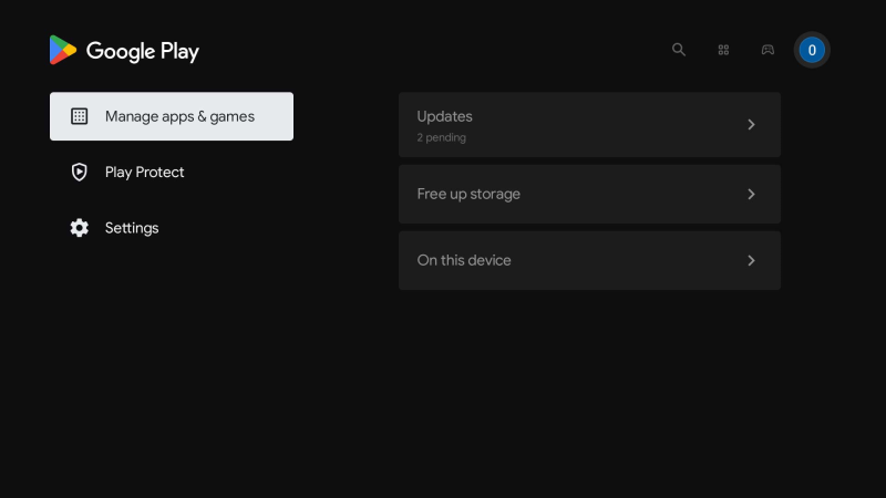 Google Play Store su Google TV con la voce Gestisci app e giochi.