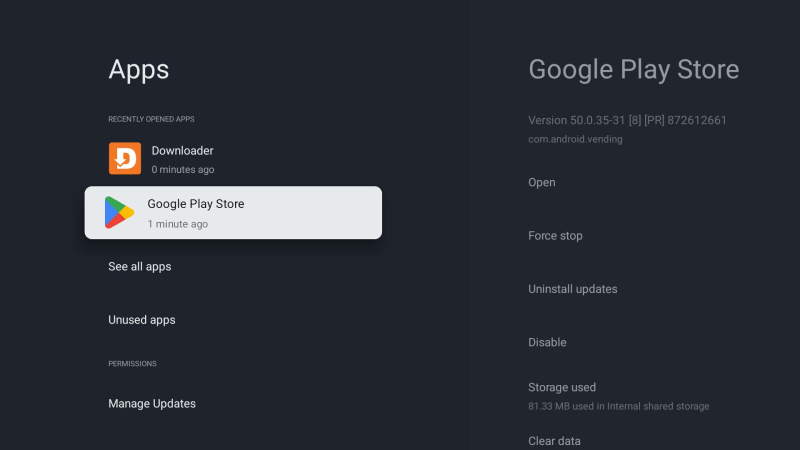 Schermata delle app su Google TV con Google Play Store selezionato.