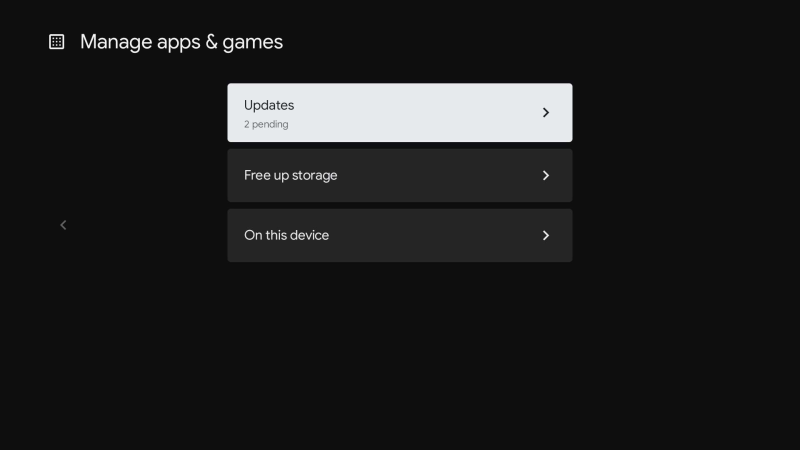 Sezione Gestisci app e giochi su Google TV con aggiornamenti disponibili.