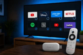 Smart TV con interfaccia Google TV e schermata di aggiornamento sistema e app.