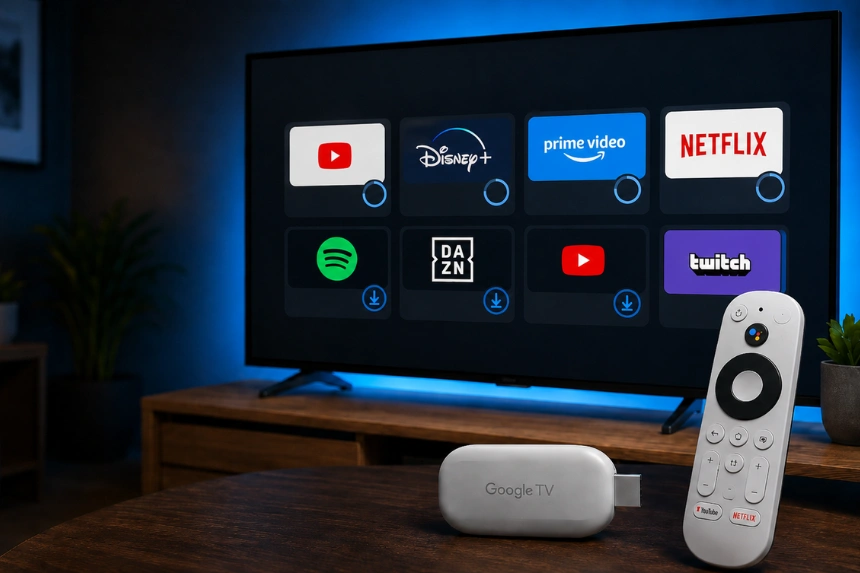 Smart TV con interfaccia Google TV e schermata di aggiornamento sistema e app.
