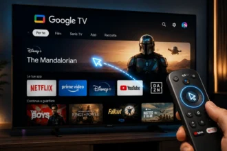 Google TV con telecomando puntatore in un salotto moderno con interfaccia Android TV cinematografica e atmosfera tech premium.