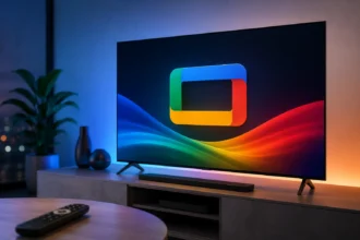 Google TV mostrata su una moderna Smart TV con interfaccia dedicata, utilizzata per confrontare le differenze rispetto ad Android TV.