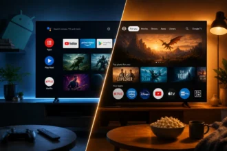 Confronto tra Google TV e Android TV visualizzati su una moderna Smart TV.