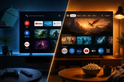Confronto tra Google TV e Android TV visualizzati su una moderna Smart TV.