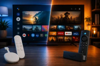 Confronto tra Google TV e Fire TV mostrato su una moderna Smart TV in un ambiente domestico.