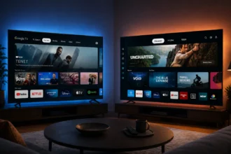 Confronto tra Google TV e Tizen su due moderne Smart TV in un soggiorno contemporaneo.