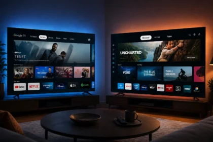 Confronto tra Google TV e Tizen su due moderne Smart TV in un soggiorno contemporaneo.