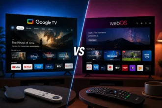 Confronto tra Google TV e webOS visualizzati su due moderne Smart TV.