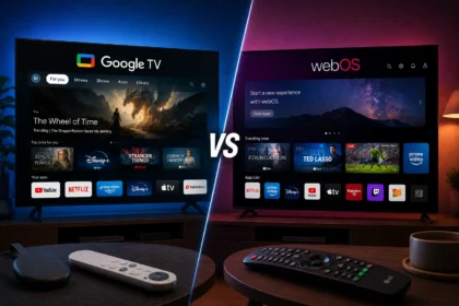 Confronto tra Google TV e webOS visualizzati su due moderne Smart TV.