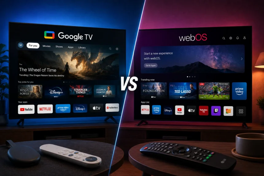 Confronto tra Google TV e webOS visualizzati su due moderne Smart TV.