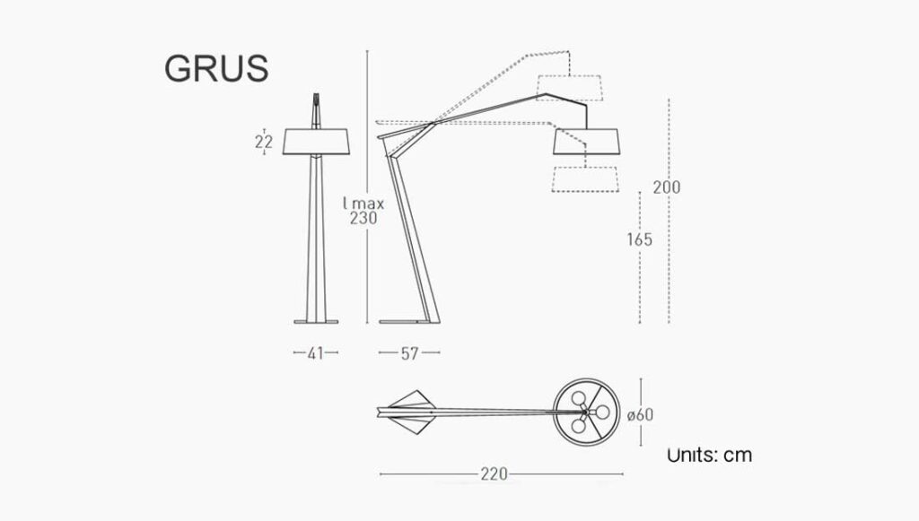 Dimensioni della lampada da terra Grus di Lumen Center Italia
