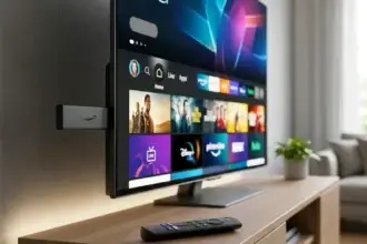 Postazione home cinema con interfaccia Fire TV 4K Max 2026 e telecomando in primo piano, senza testo sullo schermo.