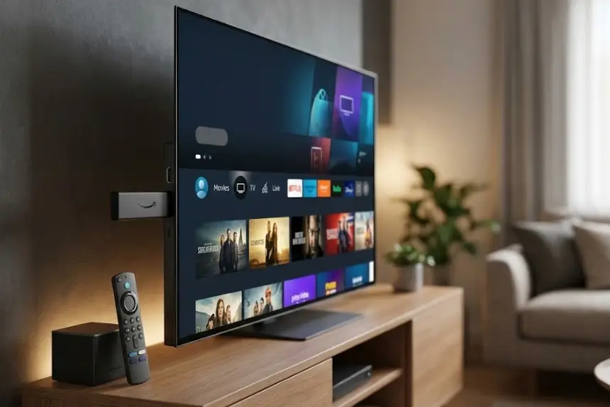 Interfaccia impostazioni di sistema Amazon Fire TV 4K Max 2026 su schermo TV