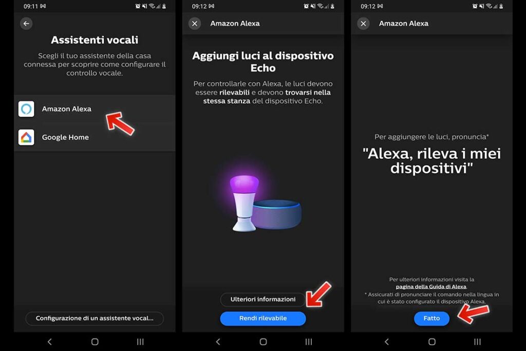 Schermate Philips Hue BT Schermate dell'app Alexa per l'aggiunta di una luce Hue da controllare.