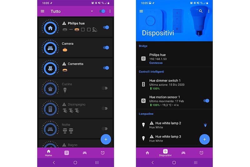 Schermata della home e dei dispositivi su Hue Essentials.