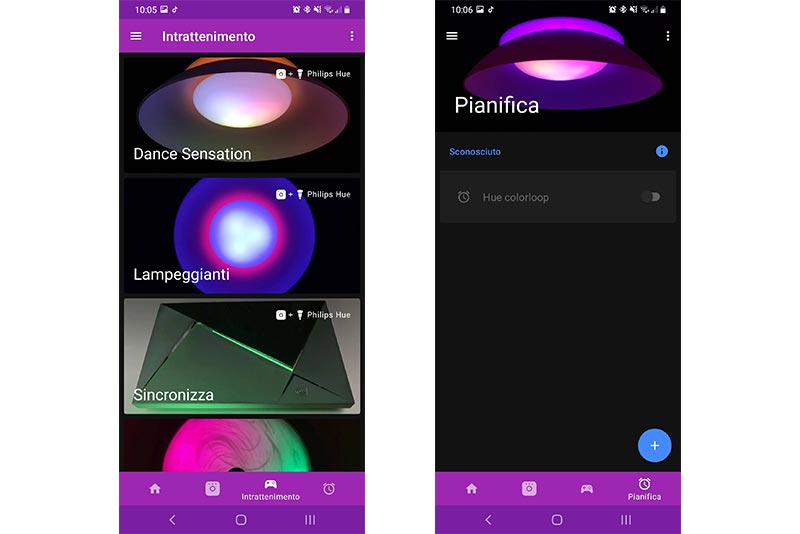 Schermata intrattenimento e pianificazione su Hue Essentials.