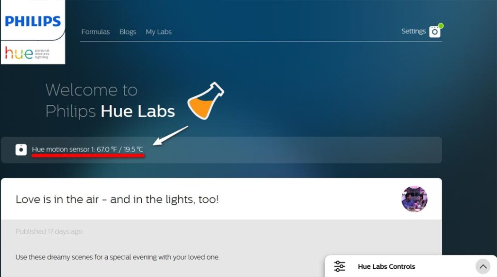 Schermata del sito Hue Labs di Philips in cui puoi vedere la temperatura rilevata dal Hue Motion Sensor