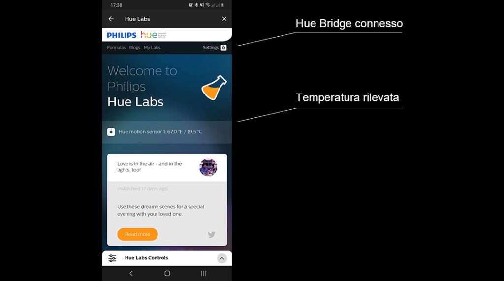 Schermata della sezione Hue Labs presente nell'App Hue Sync.