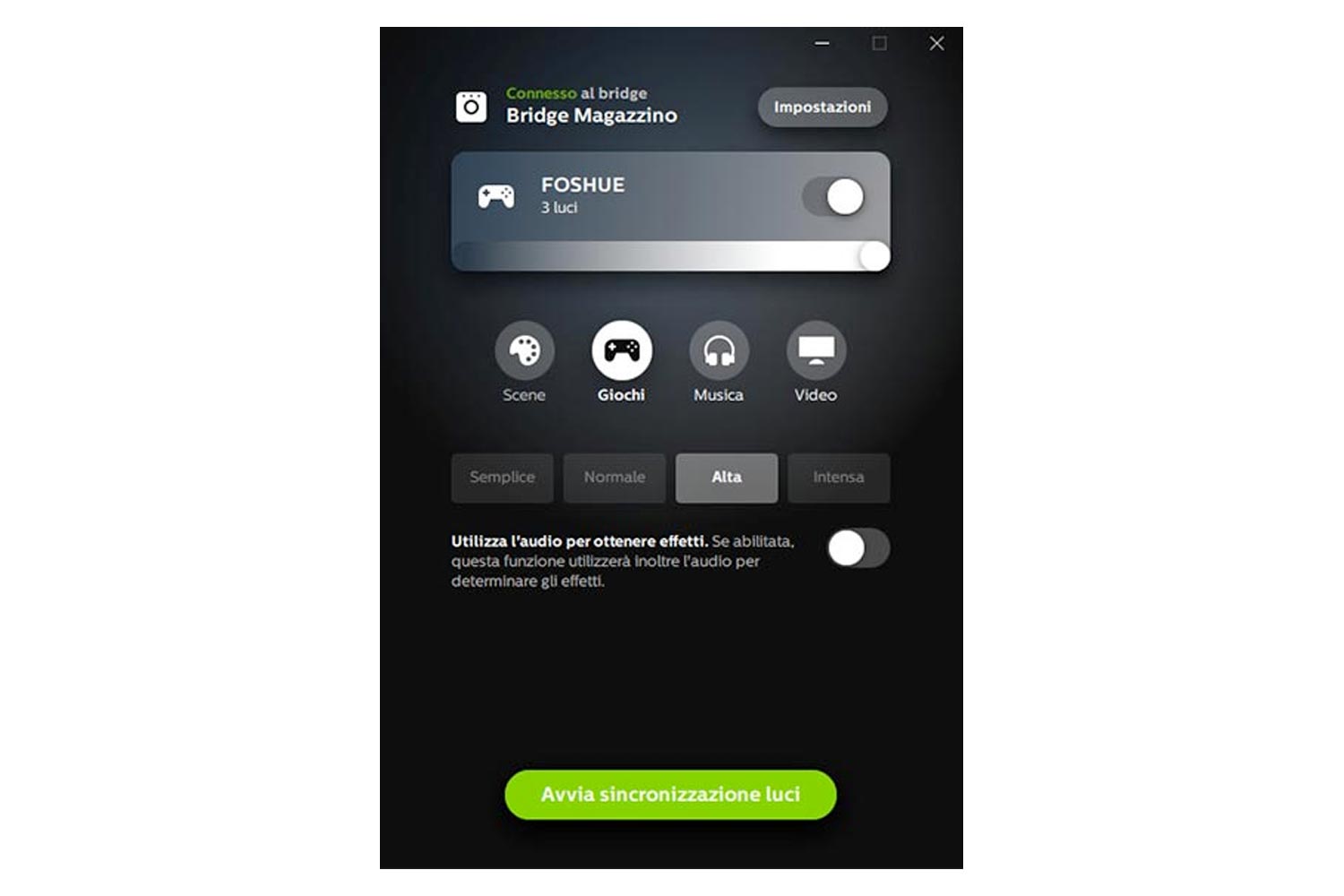 App Hue Sync schermata sincronizzazione Giochi