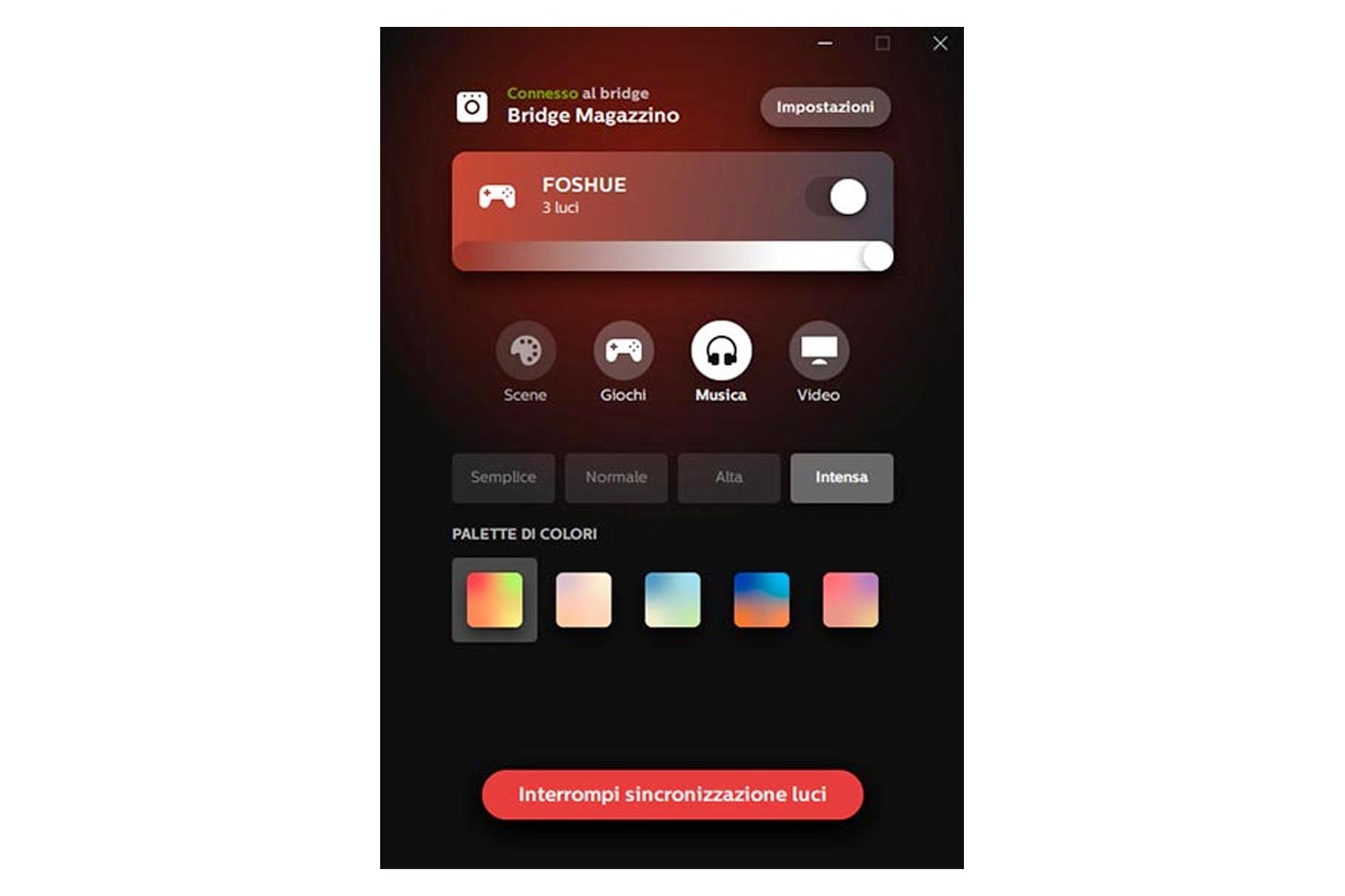 App Hue Sync schermata sincronizzazione Musica
