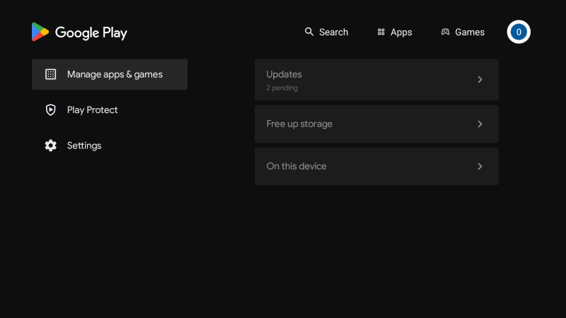 Google Play Store su Google TV con nessun aggiornamento app disponibile.