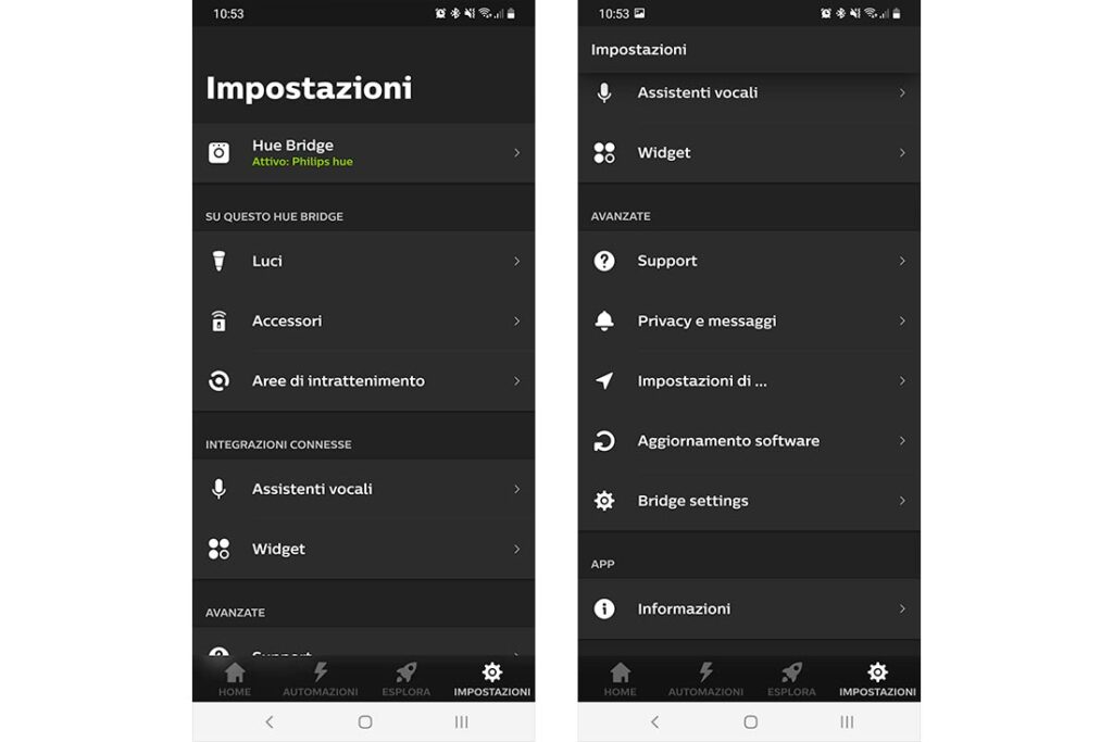 Sezione impostazioni riordinata sull'app Philips Hue