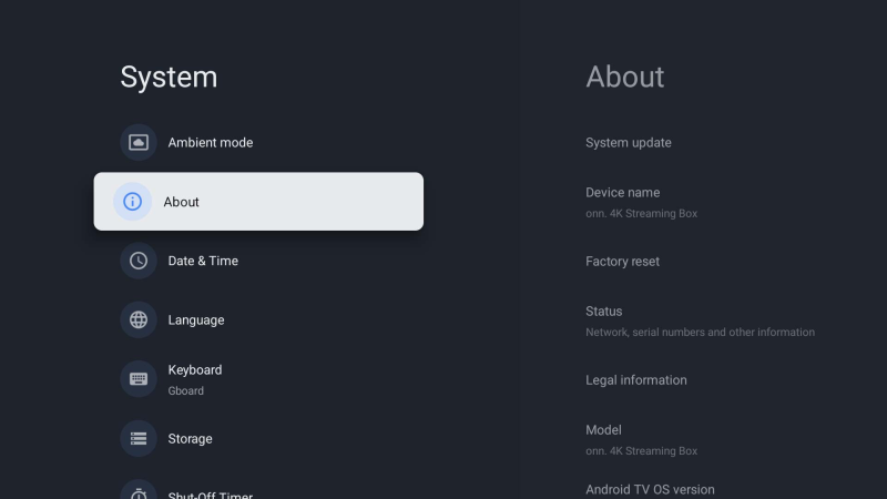 Menu Sistema di Google TV con la voce Informazioni selezionata.
