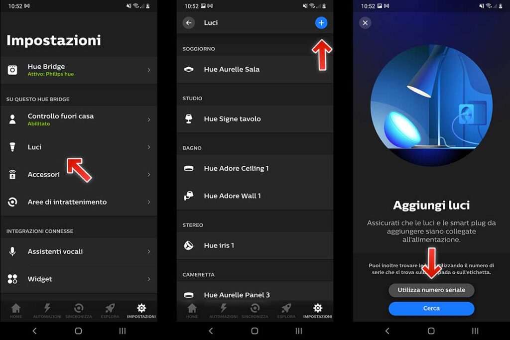 Schermate App per inserire luci con seriale