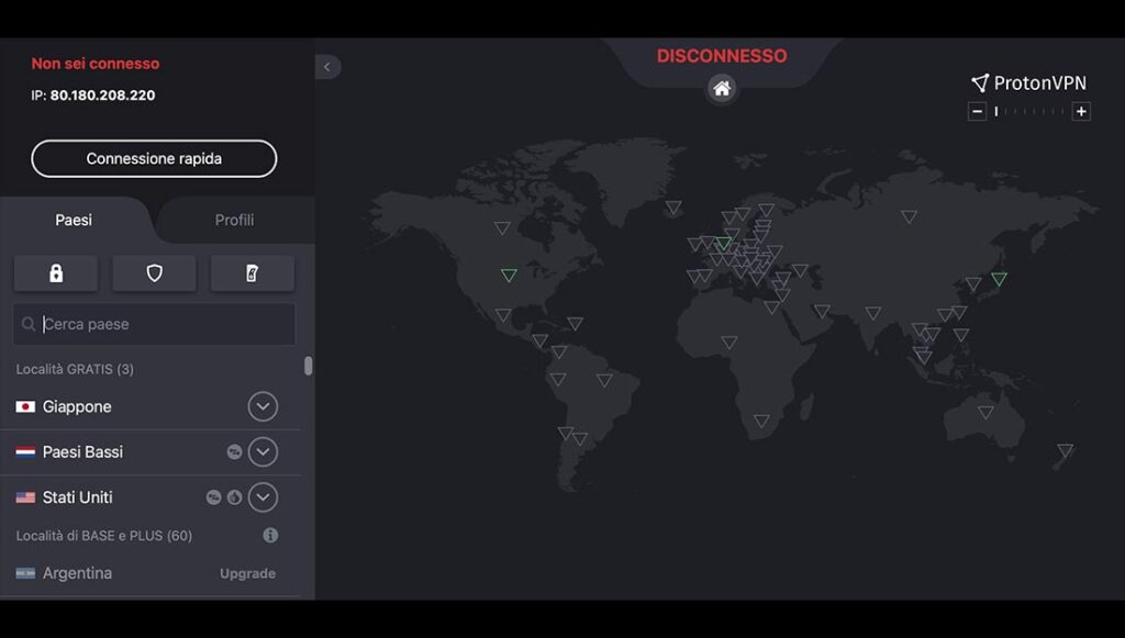 Interfaccia grafica ProtonVPN.