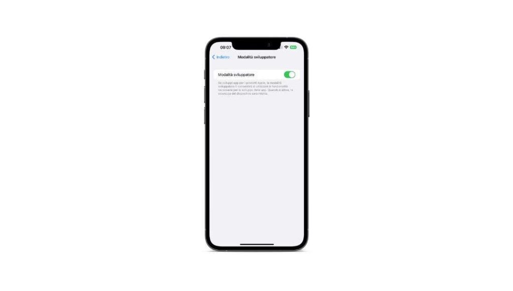 Attivazione interruttore modalità sviluppatore iOS