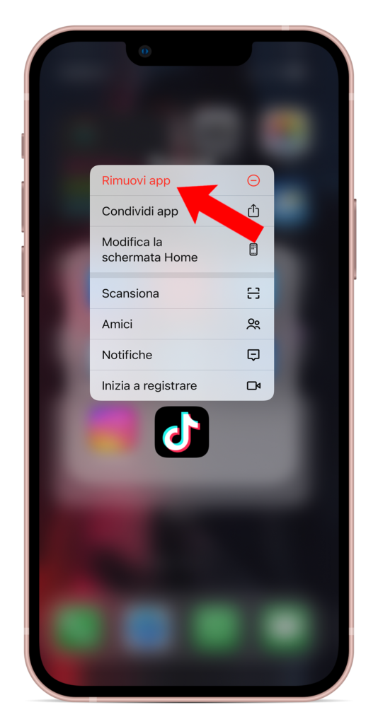Schermata iOS con funzione rimuovi app