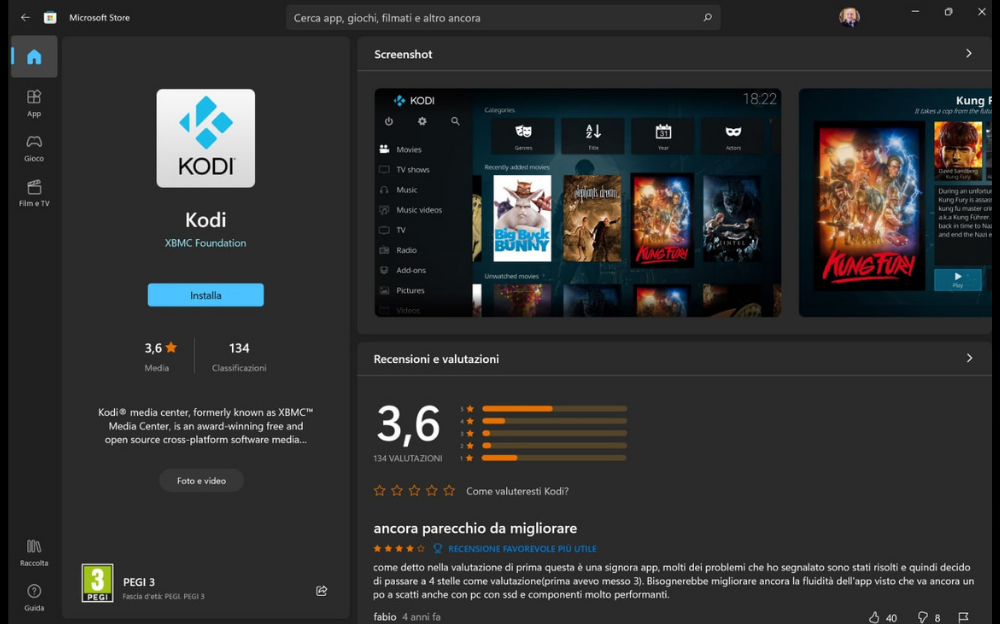 Kodi nello store ufficiale Microsoft.