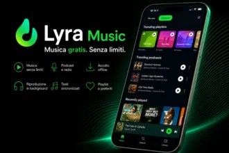 Interfaccia di Lyra Music, app di streaming musicale gratuita con playlist, podcast, radio, ascolto offline e riproduzione in background.