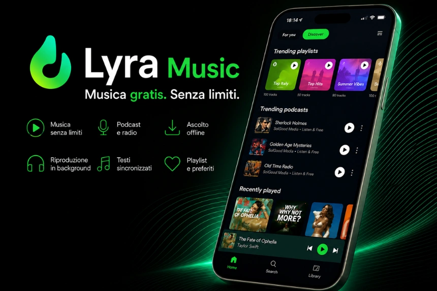 Interfaccia di Lyra Music, app di streaming musicale gratuita con playlist, podcast, radio, ascolto offline e riproduzione in background.