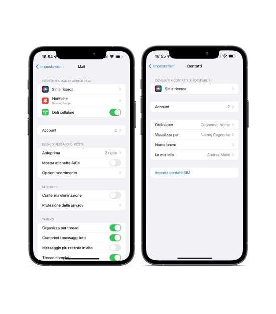 Impostazioni Mail e Contatti iOS