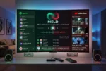 Interfaccia dell'app Meld che mostra l'integrazione fluida dei cataloghi di Spotify e YouTube Music su una Smart TV con Fire TV Stick. Guida tecnica 2026 su Idealight.it.