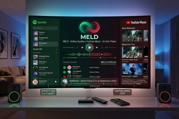 Interfaccia dell'app Meld che mostra l'integrazione fluida dei cataloghi di Spotify e YouTube Music su una Smart TV con Fire TV Stick. Guida tecnica 2026 su Idealight.it.
