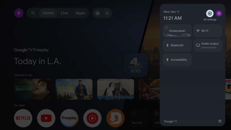 Schermata iniziale di Google TV con menu rapido delle impostazioni aperto.