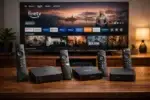 Android TV Box collegato a una smart TV con interfaccia streaming in un soggiorno moderno