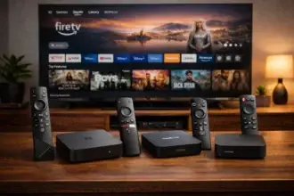 Android TV Box collegato a una smart TV con interfaccia streaming in un soggiorno moderno