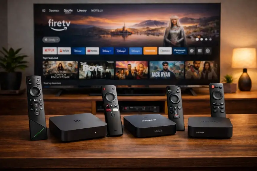 Android TV Box collegato a una smart TV con interfaccia streaming in un soggiorno moderno