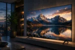 Smart TV di ultima generazione con Google TV in un elegante soggiorno moderno, con immagine 4K ad alta qualità sullo schermo.