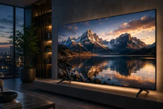 Smart TV di ultima generazione con Google TV in un elegante soggiorno moderno, con immagine 4K ad alta qualità sullo schermo.