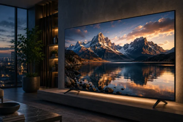 Smart TV di ultima generazione con Google TV in un elegante soggiorno moderno, con immagine 4K ad alta qualità sullo schermo.