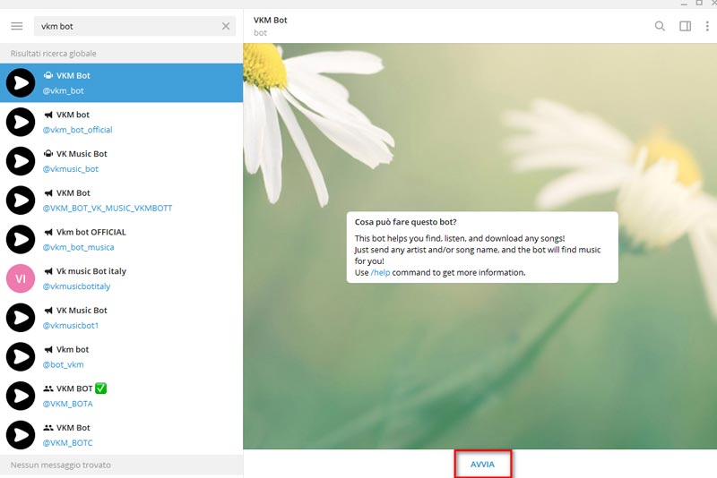 Pulsante di avvio del bot Telegram individuato