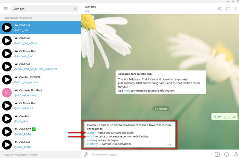 Funzioni di ricerca per brano o artista sul bot Telegram