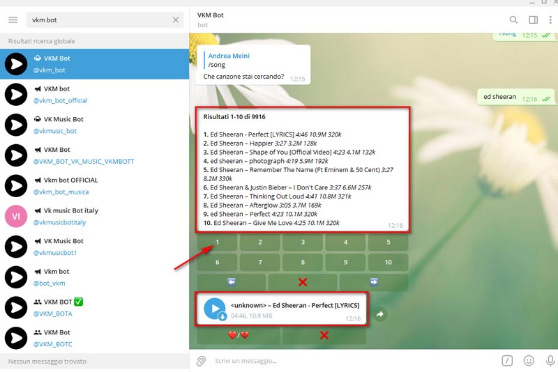 Selezione del brano preferito con il numero di riferimento sul bot Telegram