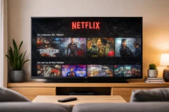 Netflix che si vede in bassa qualità su televisore 4K in salotto moderno
